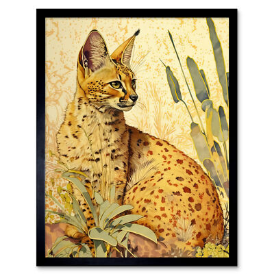 Serval Katze in der Natur hell Aquarell gerahmt Wandkunst Bild Druck 9 x 7 Zoll