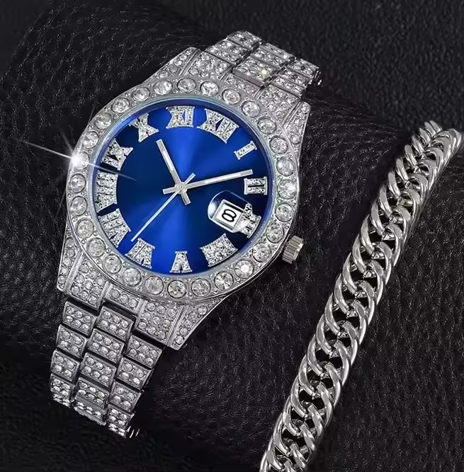 2-Piece Luxury Iced Out Men’s Watch Set - Hip Hop Quartz Diamond-Style Watches