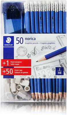 50 STAEDTLER NORICA GRAPHITE PENCILS  WITH BONUS ERASER CAPS AND SHARPENER
