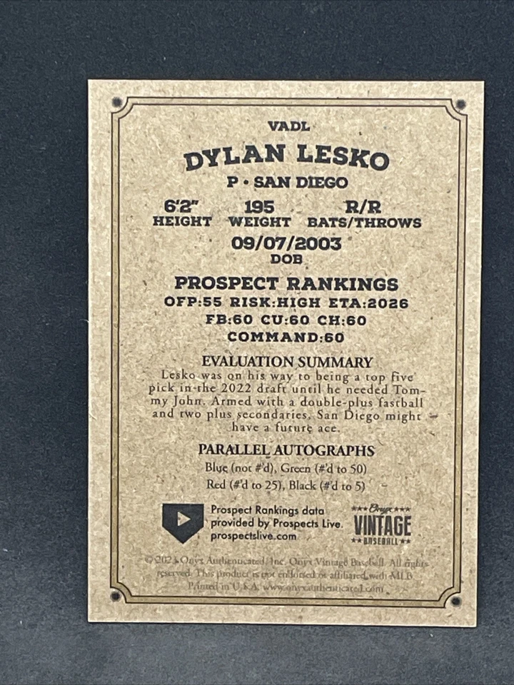 Dylan Lesko - 2023 Onyx Vintage Extended Baseball On Card Autograph Padres - Image 2 of 2