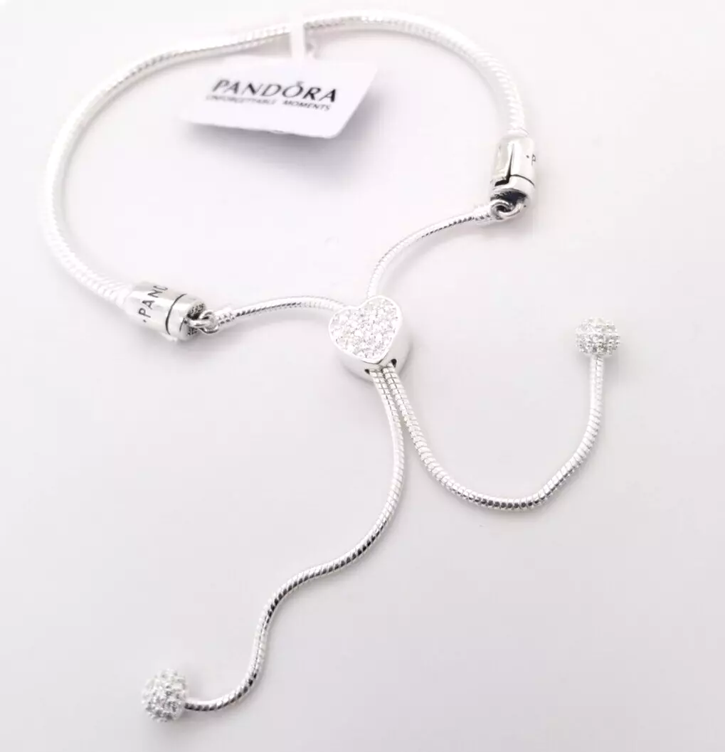 Authentic PANDORA Moments Pave Heart Clasp Snake Chain Slider Bracelet 598699C01
