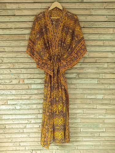 Pure Silk Kaftan Yellow Robe Dress Long Woman Gown Maxi Tunic Robes KFN2246 - Picture 5 of 7