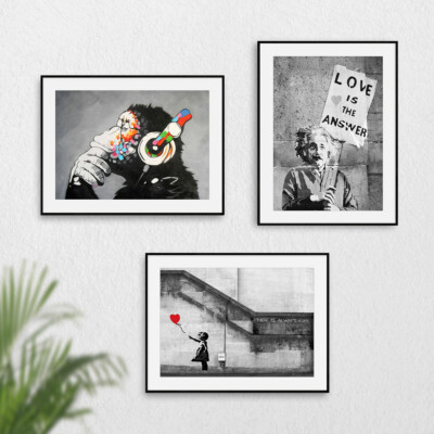 3er Set Banksy Wandbilder Poster Drucke Bilder Affe DJ Ballon Mädchen Einstein