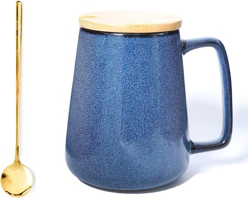 24oz Ceramic Coffee Mug Large Milk Tea Cup for Cocoa Latte Cereal Blue with Lid