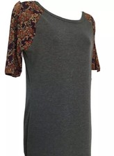 LuLaRoe Julia Dress S Dark Grey Solid Body Floral Sleeves Autumn Colors NWT