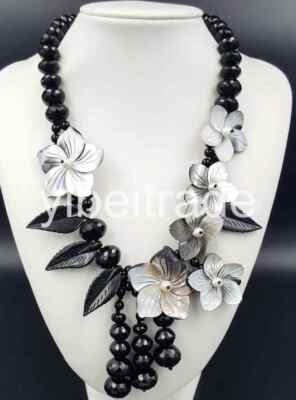 Natural Stone Black Onyx Black Jade Freshwater Pearl Shell Flowers Necklace 21''