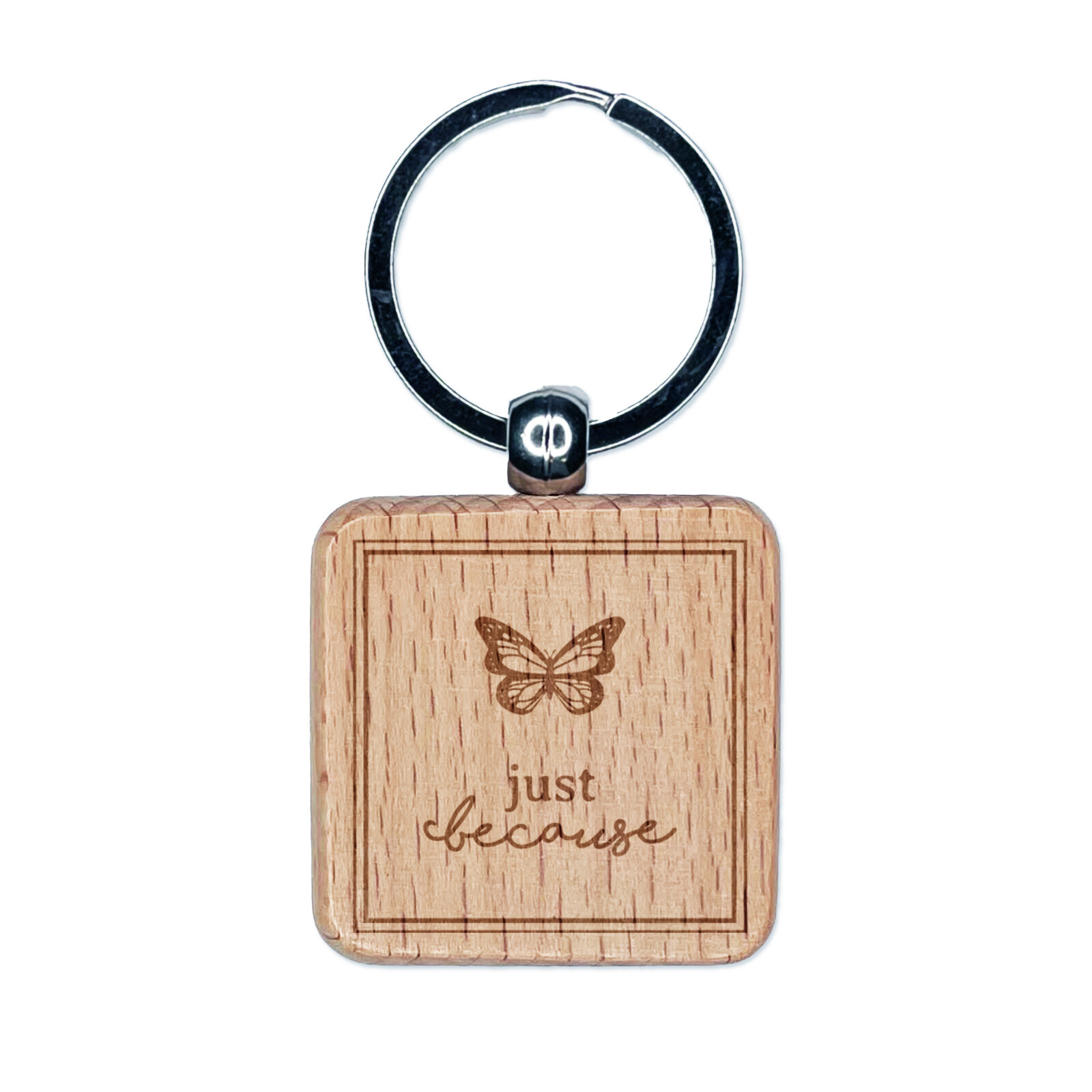 Just Because Cute Monarch Butterfly Engraved Wood Square Keychain Tag Charm