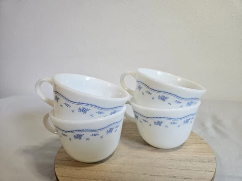 Vintage Pyrex Morning Blue Floral Coffee / Tea Cups, 9oz. Set of 4