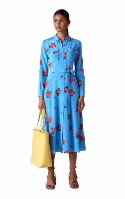 Whistles Elfrida Bud Print Silk Shirt Dress UK 10 Blue Multi Belted Midi  RRP 299 UK