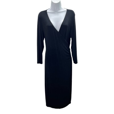 Chico s Travelers Size 2 Large Women Black 3/4 Sleeve Acetate Faux Wrap Dress