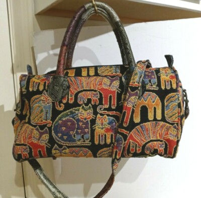 LAUAREL BURCH CAT TAPESTRY METALLIC THREAD MEDIUM SATCHEL PURSE HANDBAG BAG