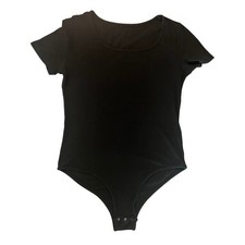 Black Ribbed Short Sleeve Scoop Neck Snap Closure Bodysuit Womens 0902