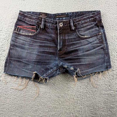 Cult of Individuality Shorts Mens 32 Blue Red Denim Cut Off Faded Worn Fray Rock