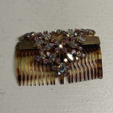 Vintage AB Rhinestone Prong Set Brown Tortoise Shell Hair Comb