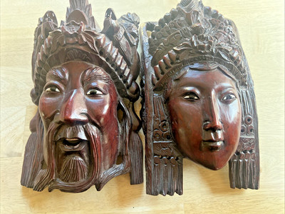 Ancient Chinese masks carved in Rosewood Female And Male Decorative Wall Art ￼
