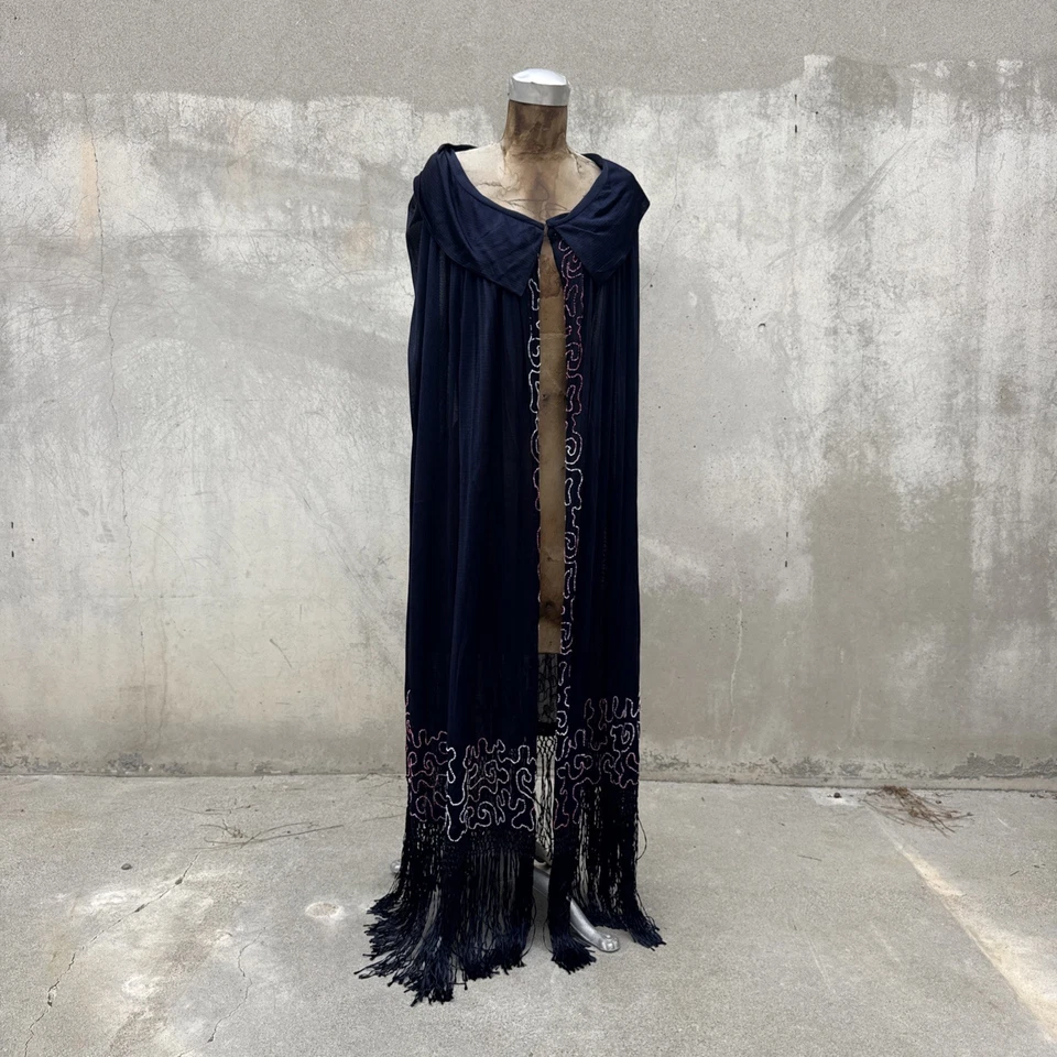 Antique 1920s Blue Rayon Knit & Hand Beaded Cape Fringe Deco Dress Coat Vintage - Image 2 of 4