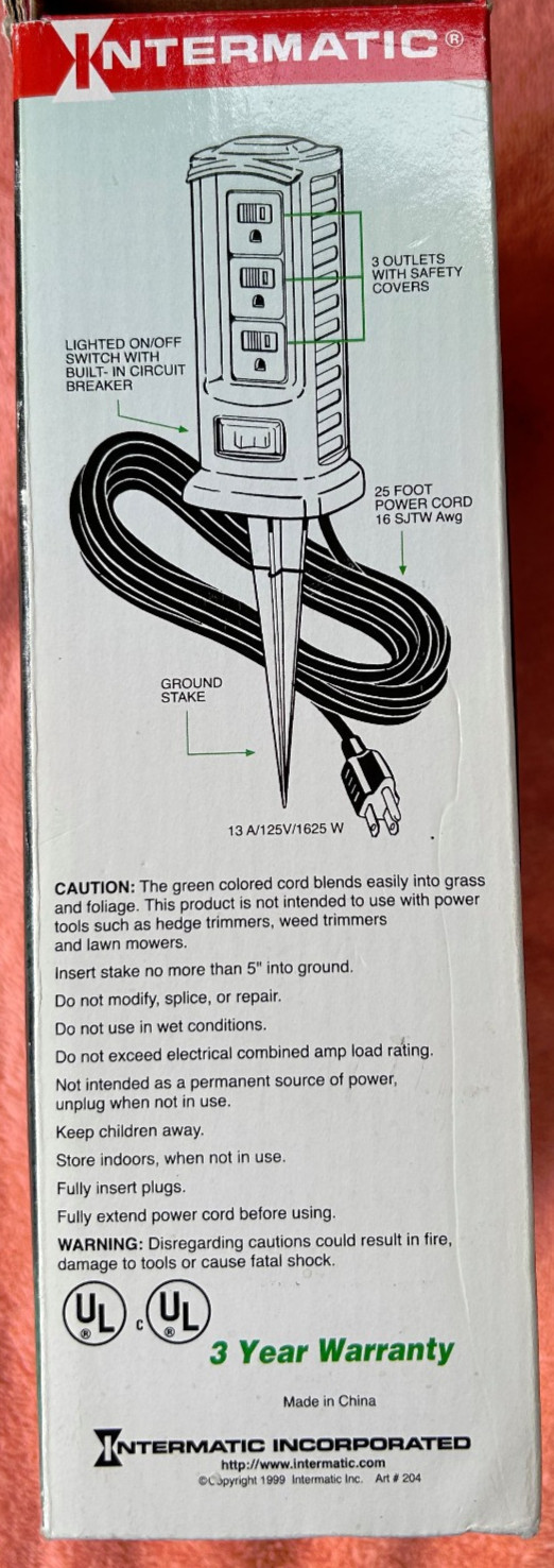 Intermatic,  Outdoor Outlet Stake, 25ft Power Cord, HS325, NIB