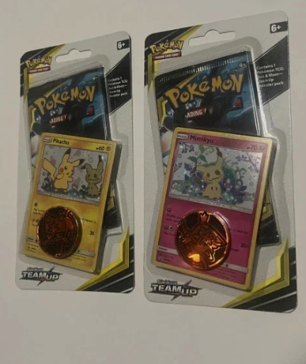 4x Sealed Pokemon TCG Sun & Moon Team Up blister packs – Pikachu SM162 &Mimikyu