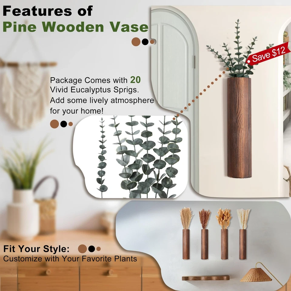 Pack de 4 jardineras de pared de madera con 20 piezas de eucalipto artificial, decoración de pared moderna... Foto 3 de 4