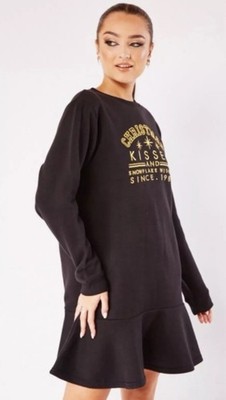Threadbare Christmas Jumper Sweater Dress Long Peplum Frill Black & gold UK 16