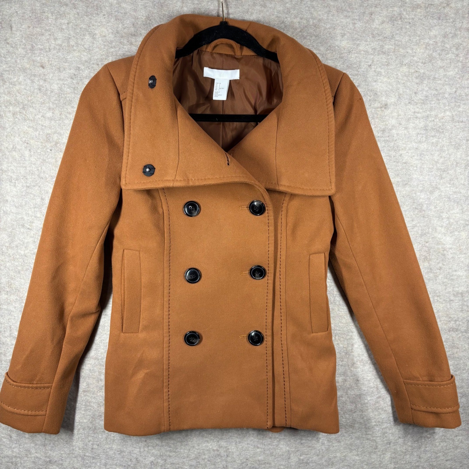 HM Womens Double Breasted Pea Coat Camel Brown Size 2 Short Jacket Funnel Neck-image