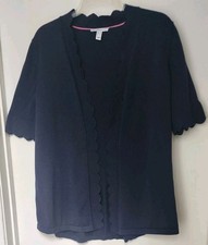 Isaac Mizrahi Live Women’s M Navy Cardigan Sweater scalloped edge Short Sleeve 