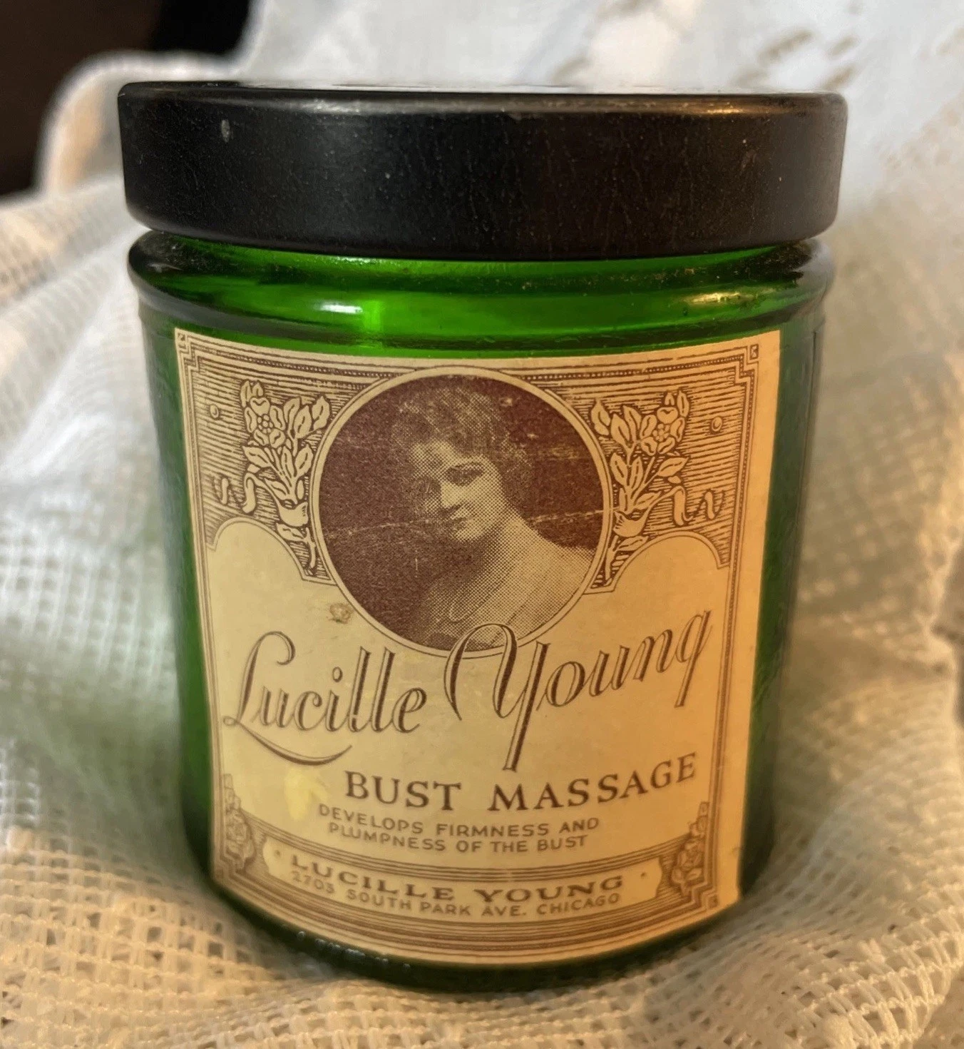 Vintage Lucille Young Bust Massage Cream ~ Green Glass Jar With Label