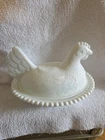 Vintage Indiana White Milk Glass Beaded Chicken Hen Nest Covered Dish READ