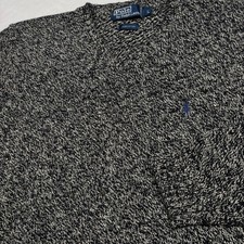 Polo Ralph Lauren Sweater Mens L Beige Black Marled V-Neck Cotton Knit Pony Logo
