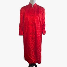 VINTAGE Red SILKY Brocade CHINOISERIE Robe PEONY BRAND Shanghai House Dress 42