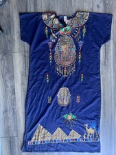 Horus Vintage Egyptian kaftan Robe, Navy/ Gold Nefertiti/ Tutankhamun Design L