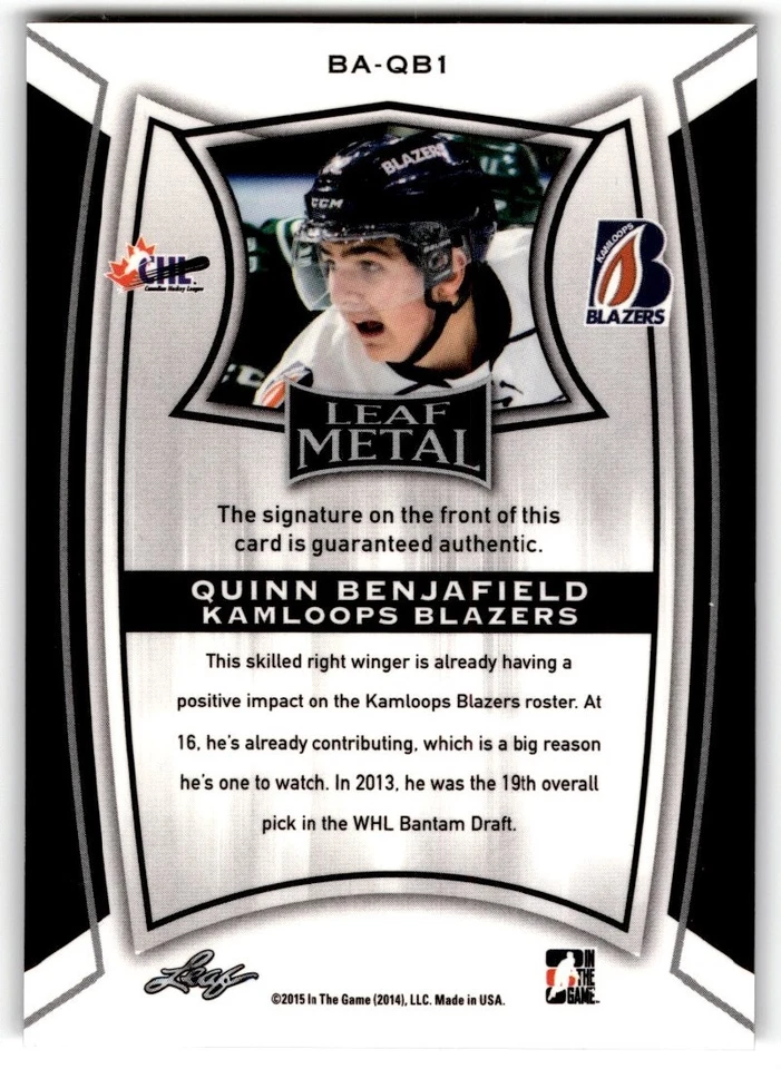 2014-15 In The Game Leaf Metal Quinn Benjafield Auto #BA-QB1 - Image 2 of 2