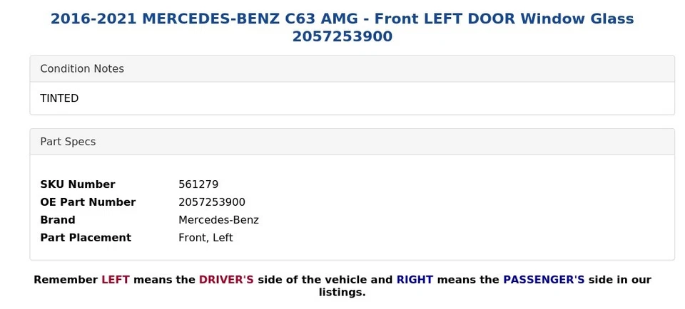 Mercedes-Benz C63 AMG 2016-2021 - Puerta delantera izquierda ventana cristal 2057253900 Foto 3 de 4