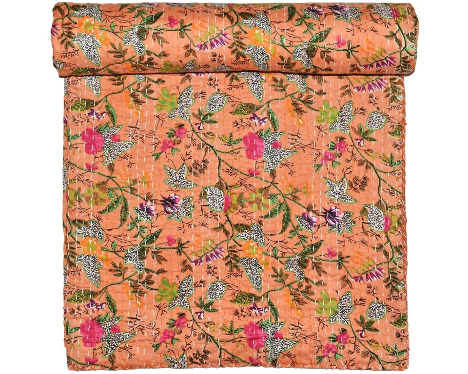 Индийское покрывало Kantha Quilt хлопковое одеяло персиковый цвет покрывало хиппи гудари - Изображение 2 из 4
