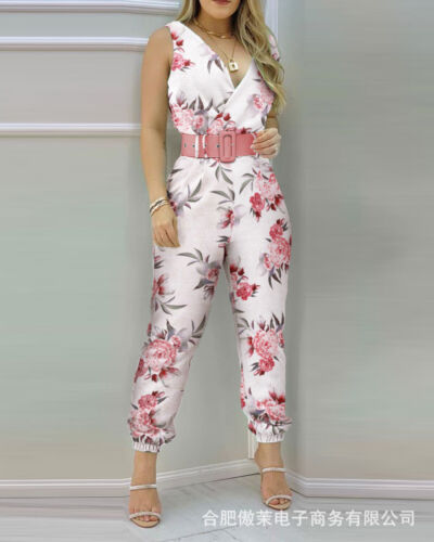 Woman Jumpsuits Elegant 2022 Jumpsuits Sexy V-neck Sleeveless Printed Jumpsuit - Picture 75 of 77