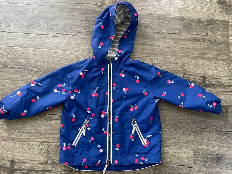 Hanna Andersson Girls Windbreaker Jacket, Blue With Cherry Print, Size 4