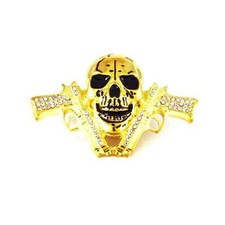 Skull Skeleton Head Revolver Hand Gun Rhinestones Gold Chrome Metal Belt Buckle