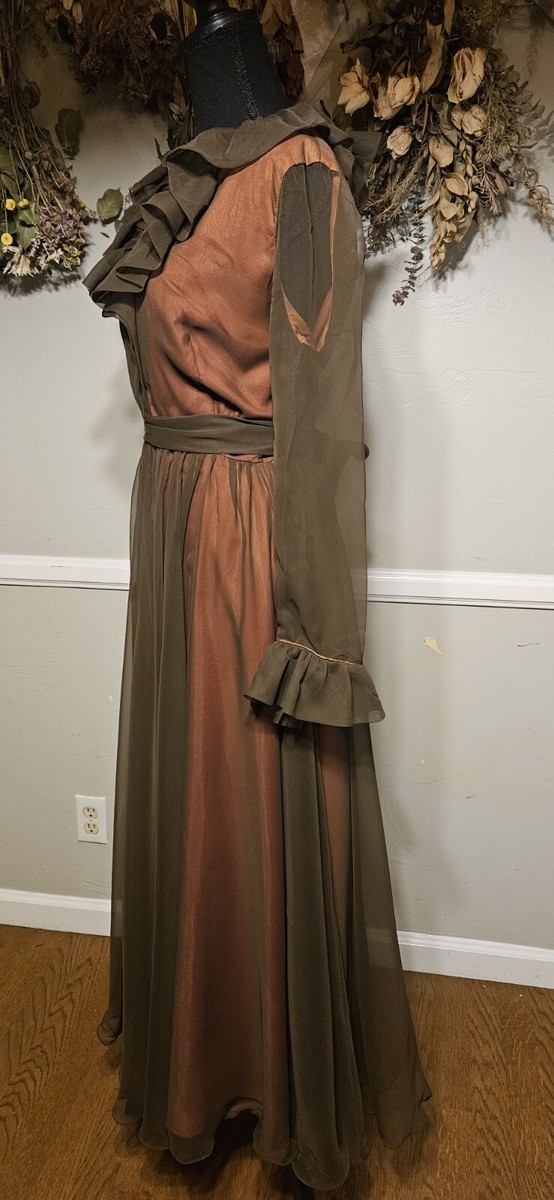 Vintage 1970s Chiffon Brown Maxi Dress With Original Belt As Pictured