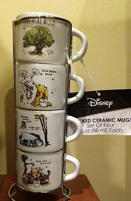 DISNEY Winnie the Pooh Stacked Mug Set 4 Metal Rack 3 oz Esspresso NEW