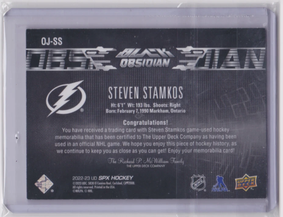 2022-23 UD SPX BLACK OBSIDIAN JERSEY INSERT /399 STEVEN STAMKOS #OJ-SS LIGHTNING - Image 2 of 2