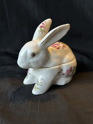Mann Hase Kaninchen Schmuckschatulle Bone China viktorianische Blumen Vintage Ostergeschenk