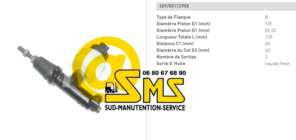 Maitre cylindre complet 50112958 Jungheinrich pour réparer le frein EFG 215