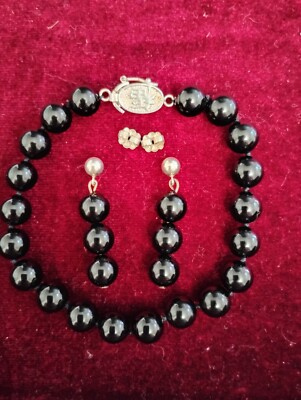 Antique Chinese Lucky Blessing Onyx and Sterling Silver and Matching Earrings 