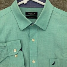 Nautica Button Shirt Mens 17.5 34 35 Long Sleeve Green Solid Cotton Casual