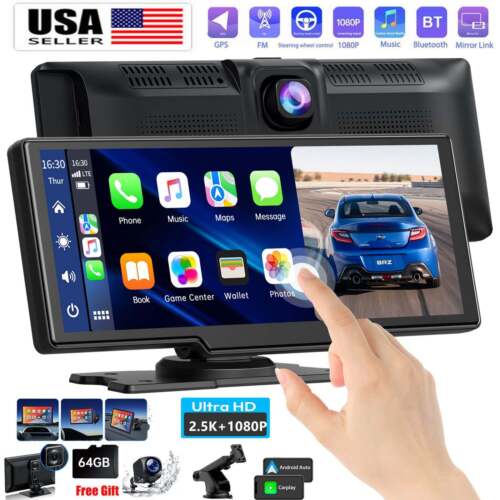 Wireless Car Stereo Apple Carplay with 2.5K Dash Cam+1080P Camera GPS Navigation