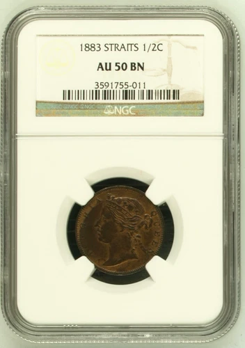 1883 STRAITS 1/2 CENT NGC AU 50 BN RARE