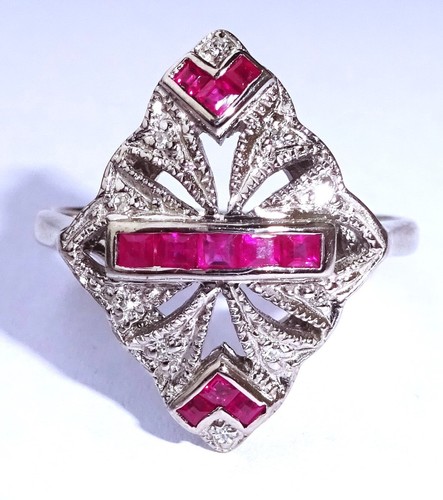 Large 9ct White Gold Princess Ruby & Diamond Marquise Cocktail Ring, Size T