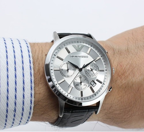 NEW GENUINE EMPORIO ARMANI AR2432 LEATHER STRAP SILVER DIAL MENS WATCH UK  STOCK | eBay