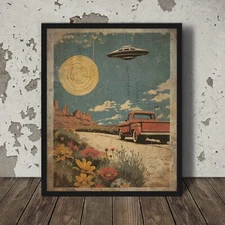 Vintage TRUCK UFO Desert Poster, Retro Sci-fi Alien Cactus Botanical Wall Art