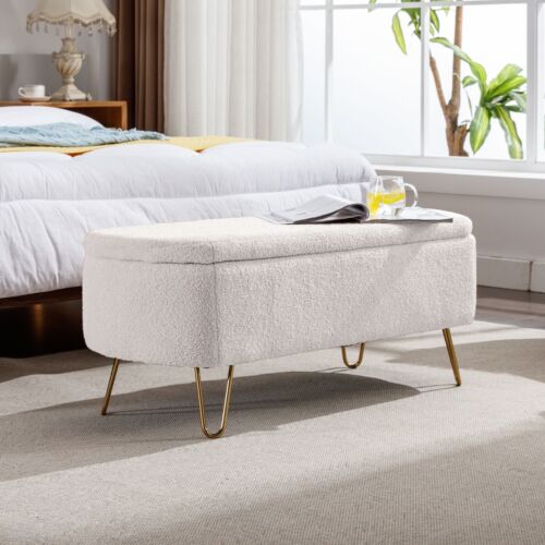 Ivory White Faux Fur Storage Ottoman Bench Gold Legs Fits Modern Entryway